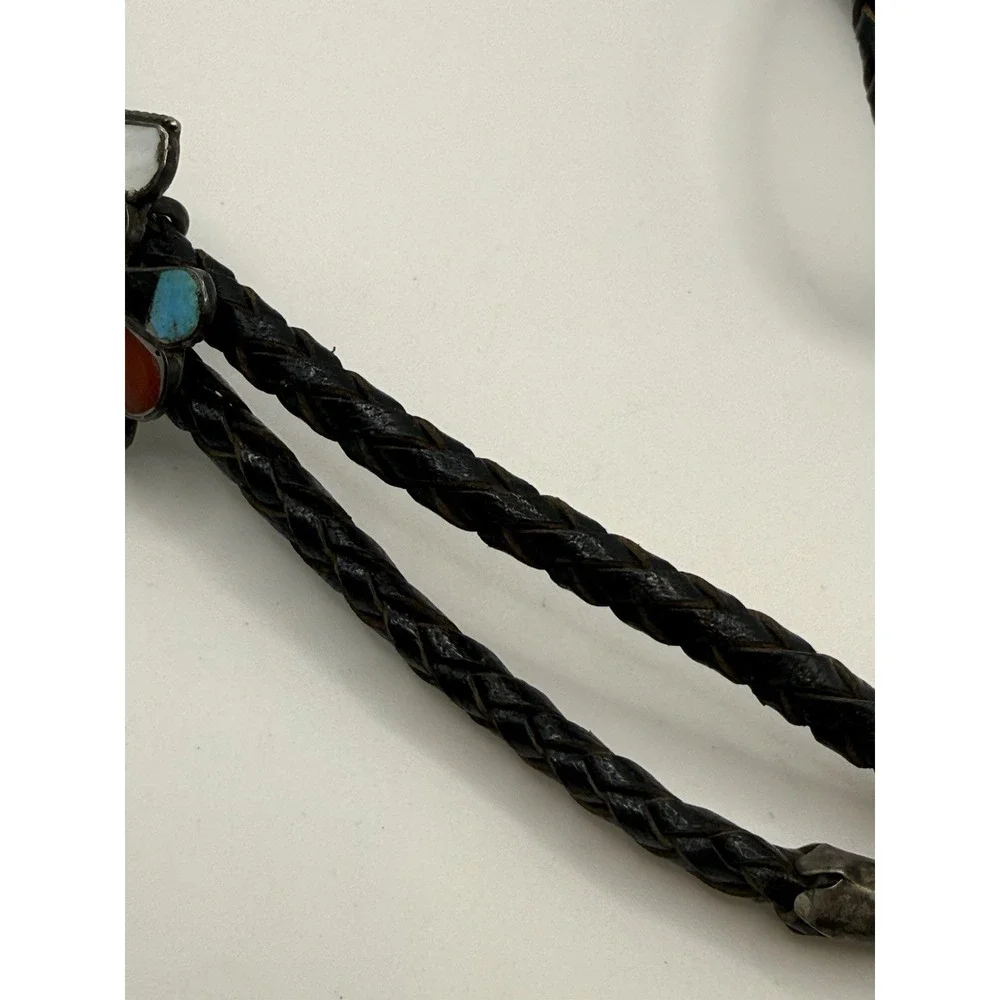 Vintage Native American Zuni Bolo Tie Thunderbird Turquoise Inlay Leather READ
